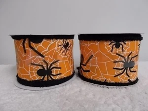 Lot of 2 Halloween Black Spiders Web Orange 25 ft Wired Ribbon New - Picture 1 of 4