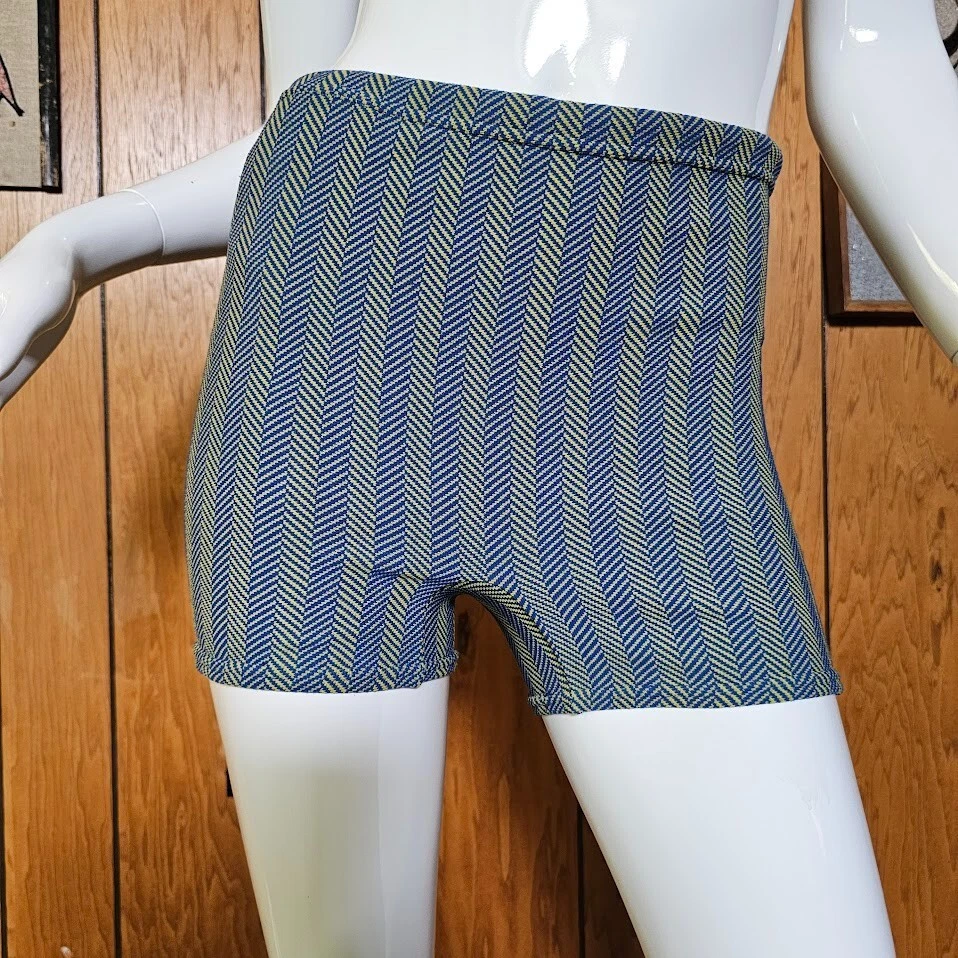 Vintage 60s Mod Mens Square Cut Swim Bathing Trunks Stripe Knit Shorts One Size - Image 1 of 4