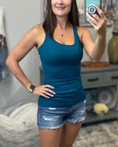 Very Sexy Ribbed Low Scoop Neck Sleeveless Boy Beater Cleavage Fitted Tank Teal - Picture 1 of 5