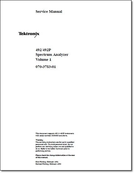 Tektronix 492 492P Service Manual Vol 1: Comb Bound & Plastic Protective Covers  - Image 1 of 1
