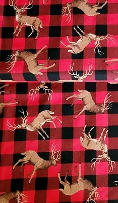 BTY X 45"W Fabric Deer On 1" Plaid Red & Black 100% Cotton Quilting Sewing  - Image 1 of 3