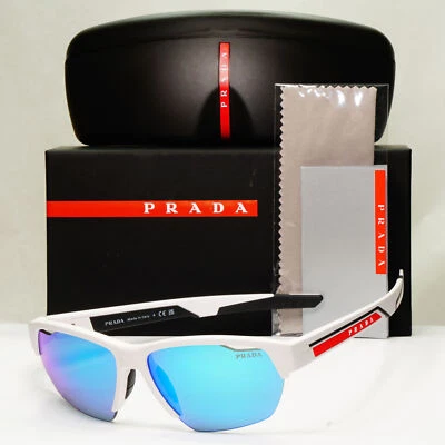 Gafas de sol Prada blanco azul espejo envolvente deporte a rayas rojas PS03YS SPS 03Y AAI-08R Foto 1 de 4