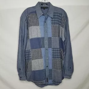 Tommy Hilfiger Mens Plaid Patch Button Front Chambray Denim Shirt Medium P401 - Picture 1 of 9