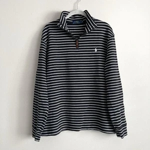 Polo Ralph Lauren Mens 1/4 Zip Black White Striped Cotton Sweater Size Large - Picture 1 of 10