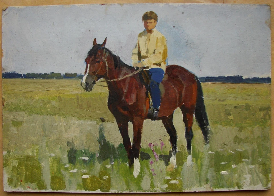 Ukrainian Soviet USSR Oil Painting impressionism realism young horseman rider - Image 1 of 4