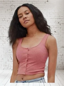 American Eagle rosa mauve Knopfleiste Crop Tank Top Shirt gerippter Rüschensaum S - Bild 1 von 6