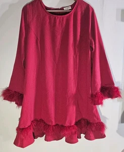 Umgee Red Dress Women’s Size Large, Feather Trim Hem & Cuffs Holiday Party - Picture 1 of 6