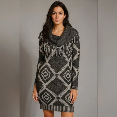 Monroe and Main 1X Suéter Vestido Flecos Capucha Cuello Azteca Boho Invierno Túnica Y2K Foto 1 de 4