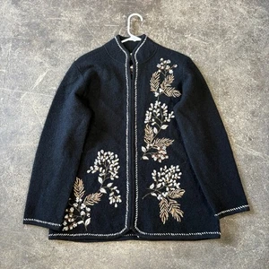 Coldwater Creek Cardigan Sweater Womens M Black Boiled Wool Embroidered Cottage - Picture 1 of 9