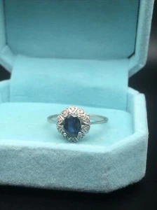 Vintage 18k white gold natural blue sapphire diamond halo engagement ring - Picture 1 of 8