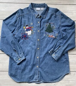Bobbie Brooks Womens Denim Christmas Shirt XL Embroidered Button Up Blouse - Picture 1 of 7