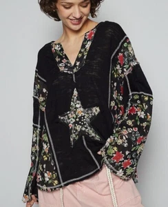 POL Floral T-Shirt Black Stud Detail Star Patch Long Sleeve Blouse - Picture 1 of 8