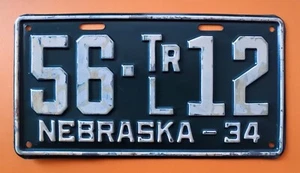 RARE 1934 NEBRASKA TRAILER TRLR LICENSE PLATE " 56 TRL 12 " NE 34 ALL ORIGINAL - Picture 1 of 1