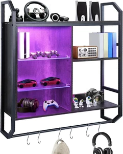 34" LED Gaming Floating Shelves - Wall Mounted Shelf 3 Tier Display Rack with Ad - Picture 1 of 6
