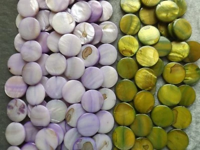 DYED MOTHER OF PEARL, FLAT ROUND 20MM BEAD, PURPLE, 16 INCH STRAND - Image 1 of 2