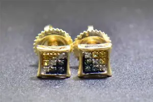 Blue Diamond Studs 10K Yellow Gold 0.06 CT Pave Kite Shaped Mini Earrings - Picture 1 of 6