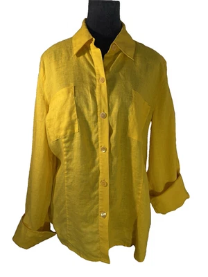 Top abotonado de lino amarillo canario Ellen Tracy talla 16 manga larga cuello Foto 1 de 4