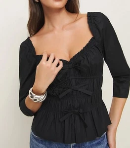 Reformation Blouse “Lauryn” Top Elegant Cotton Black Bows Size 4 Women’s New - Picture 1 of 12