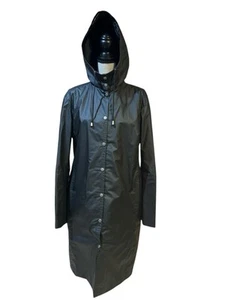 ILSE JACOBSON HORNBAEK Long Black Hooded Heavy Raincoat Zip/Snap Sz L NWOT - Picture 1 of 9