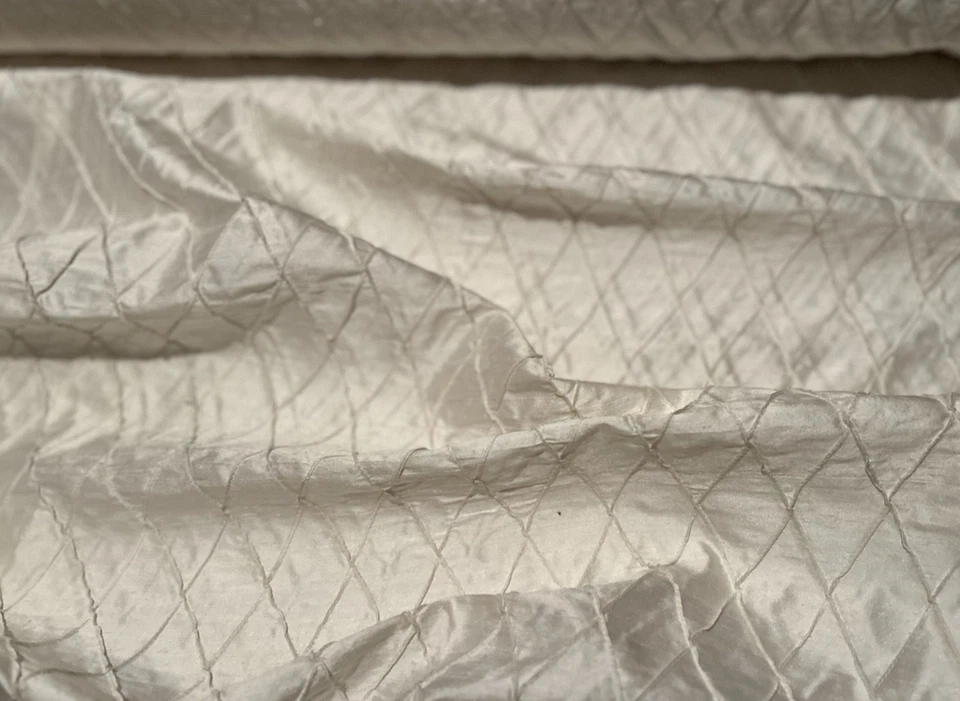 White 2" Diamond Pintuck Shantung Dupioni 100% Silk Fabric, 48" W (EB-802A) - Image 1 of 1