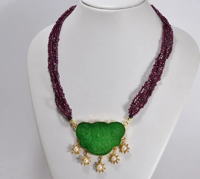 COLLANA ARGENTO 925 DORATO GIADA GRANATINA PALLINI E PERLE BOTTONI     AGLN 0267 - Immagine 1 di 4