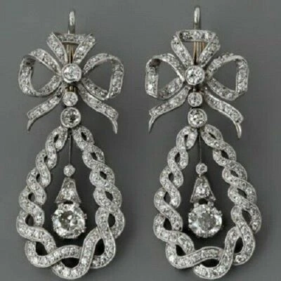 Art Deco Bow Style Earrings 1.35 CT White Zircon 14K White Gold FN 925 Silver - Image 1 of 4