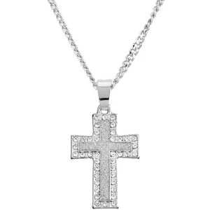 Silver Plated Iced Cross Mini Pendant 20" Cuban Chain Necklace CP 227 S - Picture 1 of 3