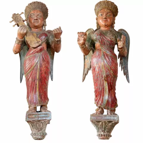 Pair Antique Indian Carved Teak Musical Angel Statue Architectural Brackets Cover