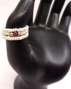 Cultured Freshwater Pearl & Rondel Ruby Gemstone Bead Adjustable Ring 14k Gold - Picture 1 of 4