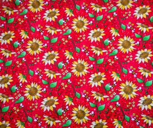 Quilt Fabric 2/3 Yard Yellow Sunflowers Floral Green Leaves Bees on Red Cotton - Picture 1 of 2