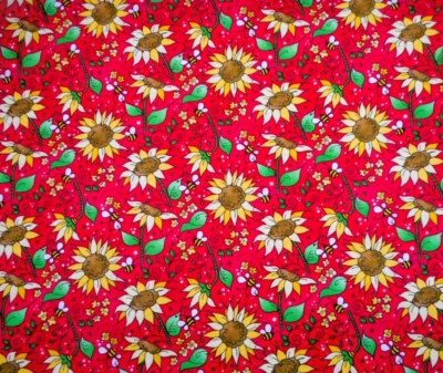Quilt Fabric 2/3 Yard Yellow Sunflowers Floral Green Leaves Bees on Red Cotton - Image 1 of 2