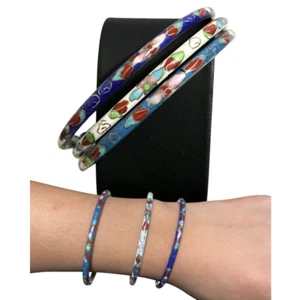 Vintage Cloisonne Enameled Bangle Bracelets Multi colored set 3 Flower pattern - Picture 1 of 5