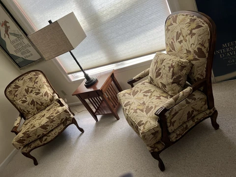 Henredon Bergere Upholstered Carved Chairs A Pair 2 Hummingbird Cover