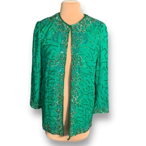 Vintage Razzle Dazzle Green Silk Metallic Beaded Open Front Evening Jacket - Picture 1 of 9