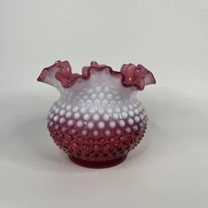 Vtg Fenton Rose Rim Cranberry Opalescent Hobnail Ruffled Vase - Picture 1 of 6