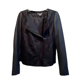 Vince Womens Jacket Size 10 Black Linen Leather Asymmetric Zip Moto