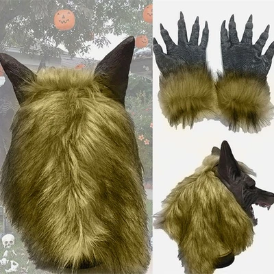 Halloween Wolf Head Face Mask Werewolf Claw Gloves Cosplay Costume Horror Decor - Image 1 of 4