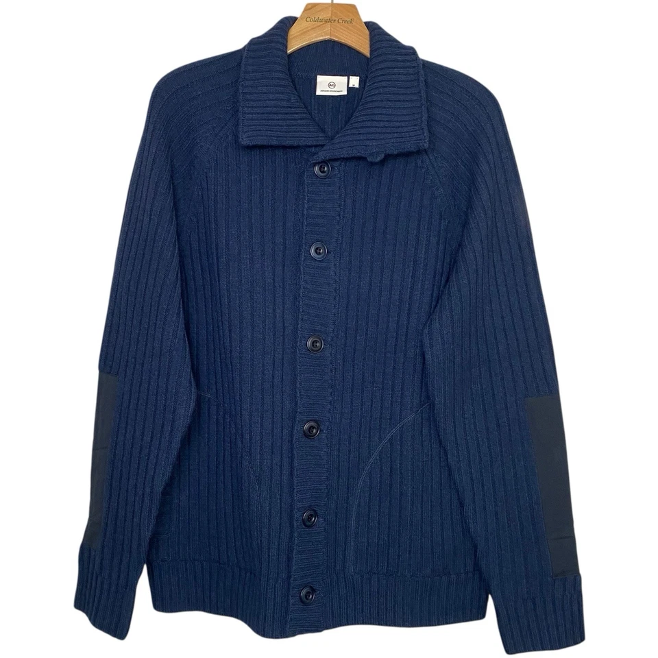 AG Adriano Goldschmied Cardigan Sweater Mens M Blue Ribbed Elbow Patch Wool NEW - Image 1 of 4