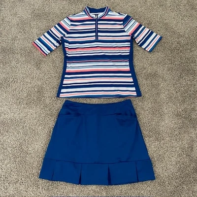 Conjunto de cola Skort Top manga corta cuello falso rayas polo azul Skort mujer M Foto 1 de 4