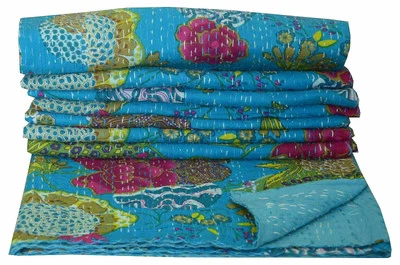 Indian Kantha Quilt Cotton Bohemian Decor Blanket Handmade Traditional Bedspread - Image 1 of 3