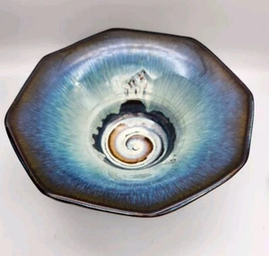 Bill Campbell Pottery Large Bowl Spiral Drip Glaze Blue 11” Diameter Signed - Picture 1 of 16