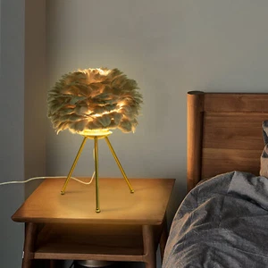 Gray Feather Table Lamp Tripod Lamp, Feather Lamp, Table Light Hand Control - Picture 1 of 16
