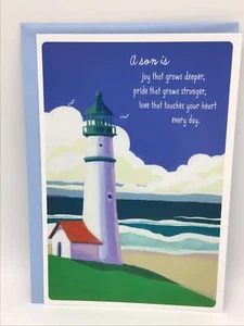 Hallmark Happy Vatertag Karte SOHN 8x5,5 Leuchtturm Küste Strand - Bild 1 von 2