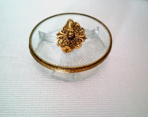 Glass Trinket Jewelry Dish Sectioned Gold Floral Covered Dish - Picture 1 of 4