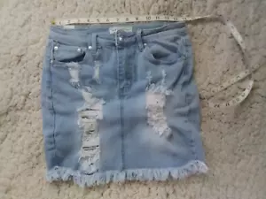Almost Famous Distressed Denim Jean Mini Skirt Size 7 - Picture 1 of 4
