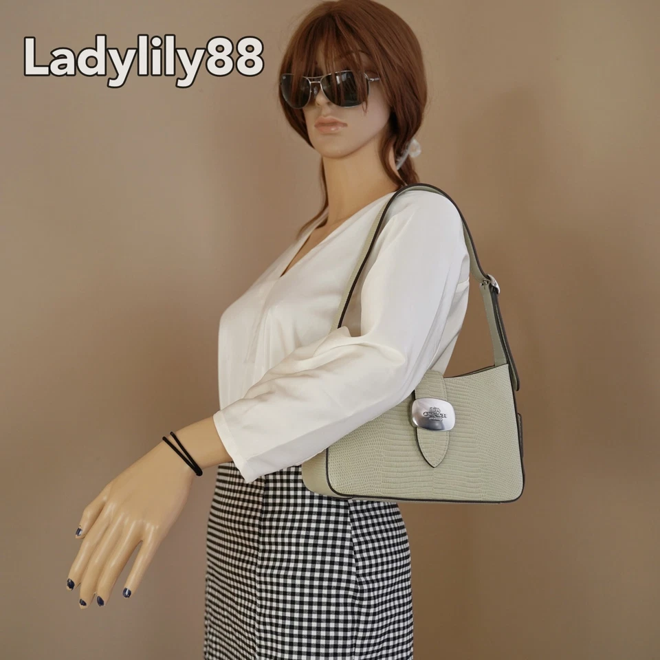 Coach Eliza Shoulder Bag CR107 In PALE GREEN Lizard Embossed Leather Silver