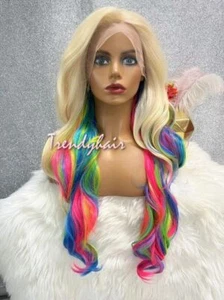 Blonde Rainbow Colorful Long Curls Wavy Hair Synthetic Lace Front Wig - Picture 1 of 8