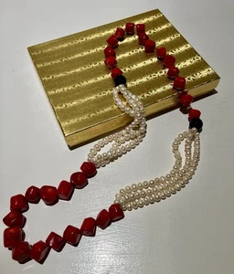 Vintage Pearl And Coral Long Necklace - Picture 1 of 6