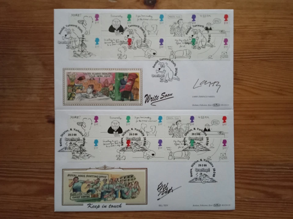 Benham Silk x 2 FDC Signed Larry (Terrence Stamp) Bill Tidy Cartoonists 1996(Ex) - Image 1 of 2