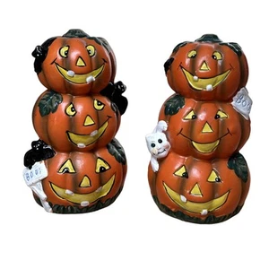 K's Collection Pair of Stacked Ceramic Jack O Lanterns with Ghosts and Bats EUC - Picture 1 of 6